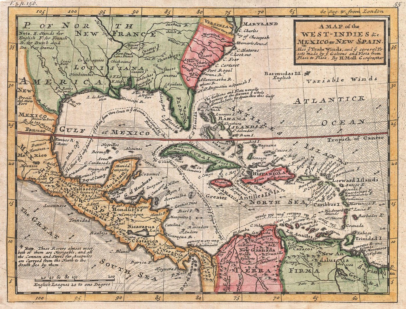 Printed map of 1732. Herman Moll's chart of the West Indies, the Caribbean islands and the neighbouring American coasts, with the Bahama islands, New Providence among them, in the upper part of the chart.