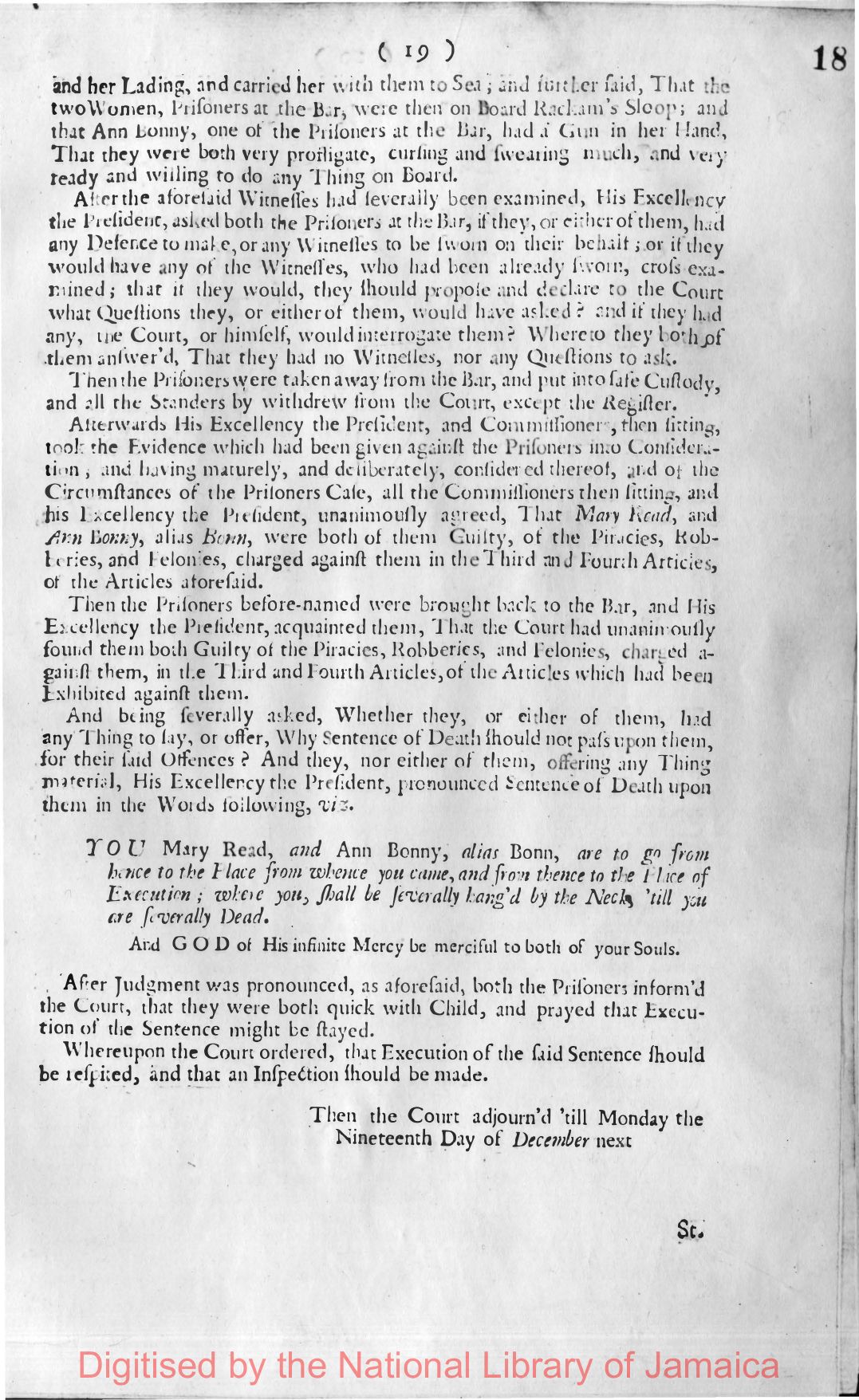 Page 19 of the pamphlet. The text records the guilty verdict on the third and fourth articles, the sentence of death set in italic type beginning YOU Mary Read, and Ann Bonny, alias Bonn, and beneath it the paragraph recording that both prisoners informed the court they were quick with child and that execution was respited pending an inspection.